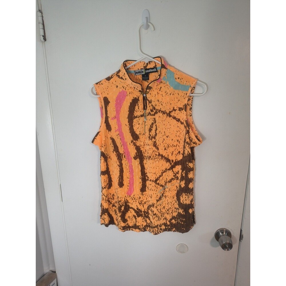 JAMIE SADOCK SLEEVELESS  1/4 ZIP Clasp ORANGE/BROWN  PRINT PLEATED GOLF TOP SZ M